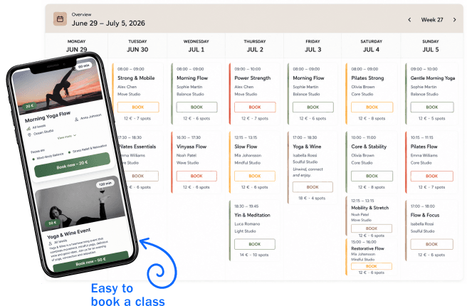 A branded weekly booking schedule with a mobile booking view