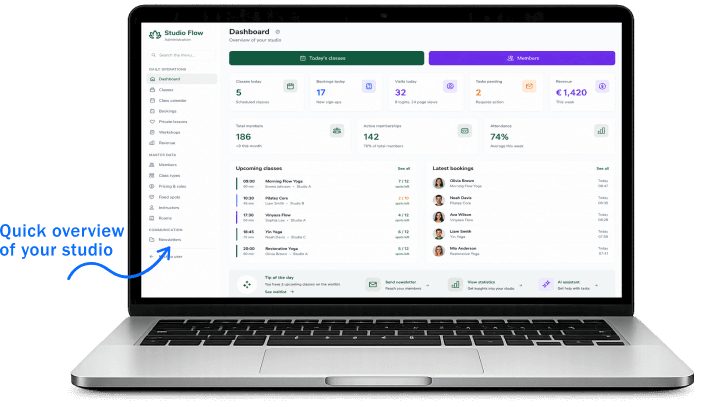 Class Booking studio dashboard